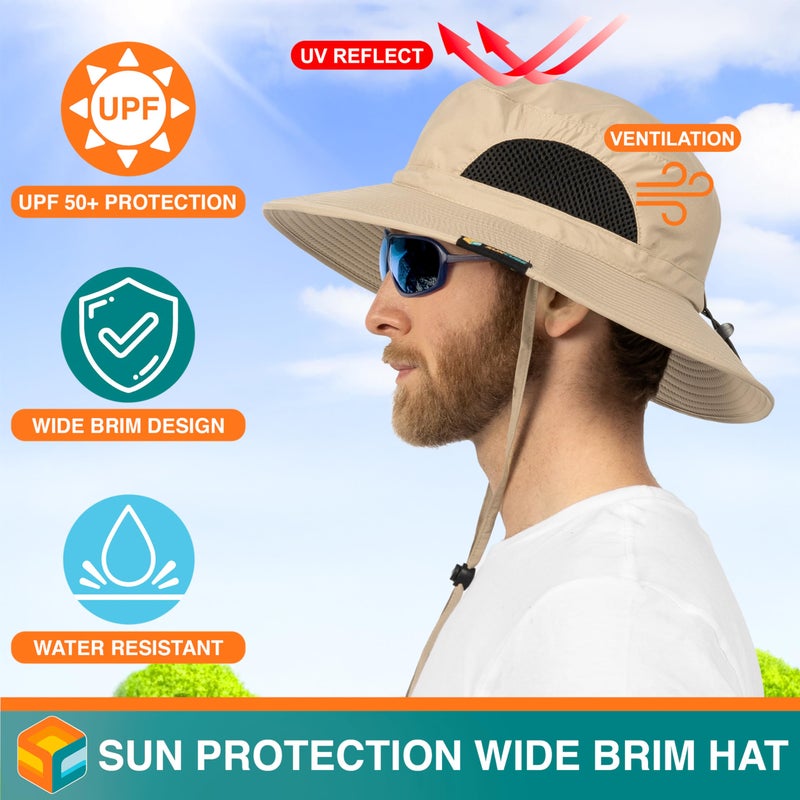 Suncube SUN CUBE Wide Brim Sun Hat Men Women, Mens Fishing Hats Sun UV Protection, Womens Hiking Bucket Hat, Outdoor Summer Safari Beach Boonie, Camping Unisex UPF 50+ Tan - Image 3